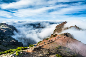 Europe, Portugal, Madeira, Pico do Arieiro, Pico Areeiro, Royal Way, hiking group on the ridge Europe, Portugal, Madeira, Pico do Arieiro, Pico Areeiro, Royal Way, hiking group on the ridge